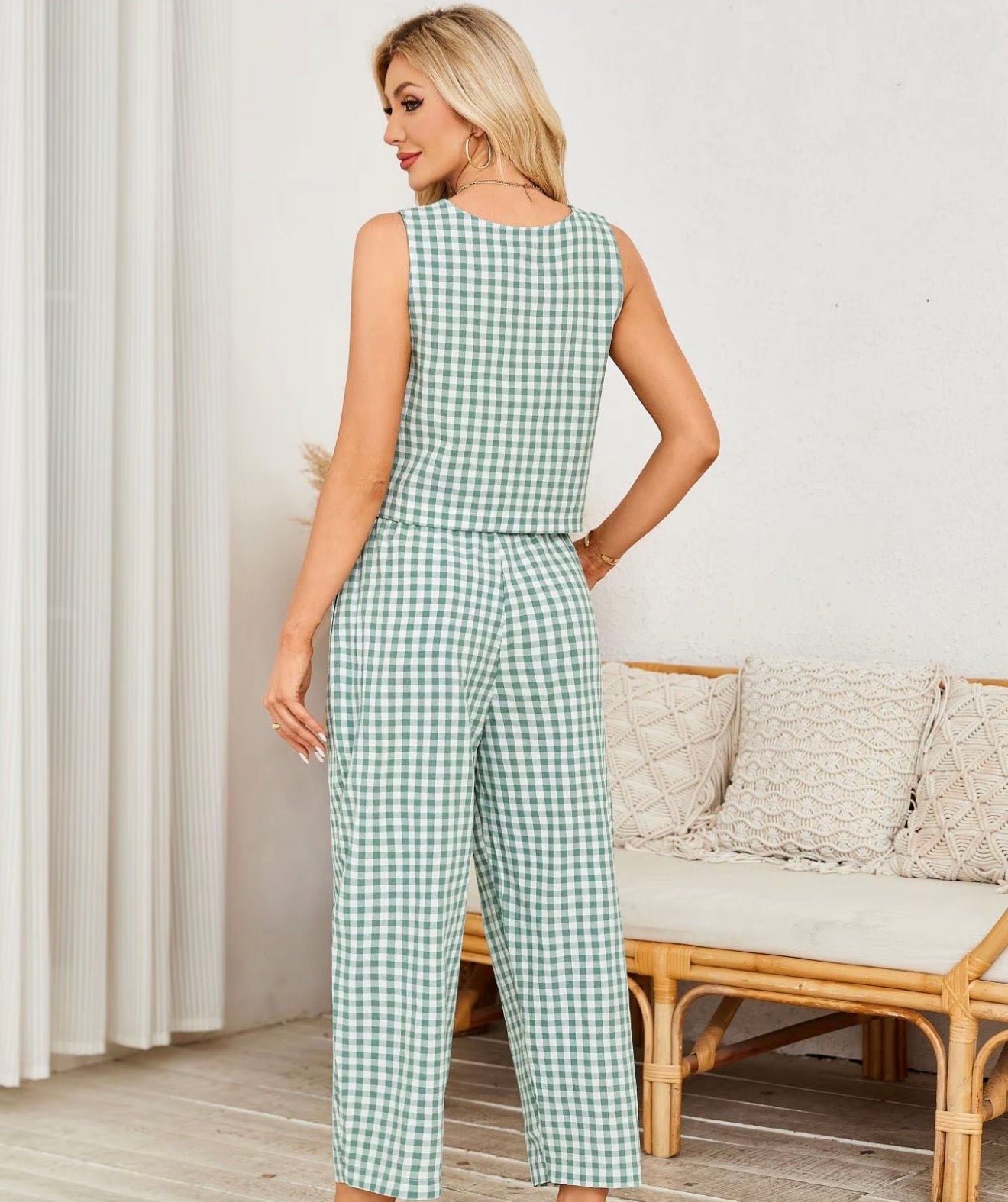 Light Green Plaid Pants Set