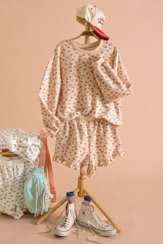 Floral Printed Knit Comfy Top & Shorts Set