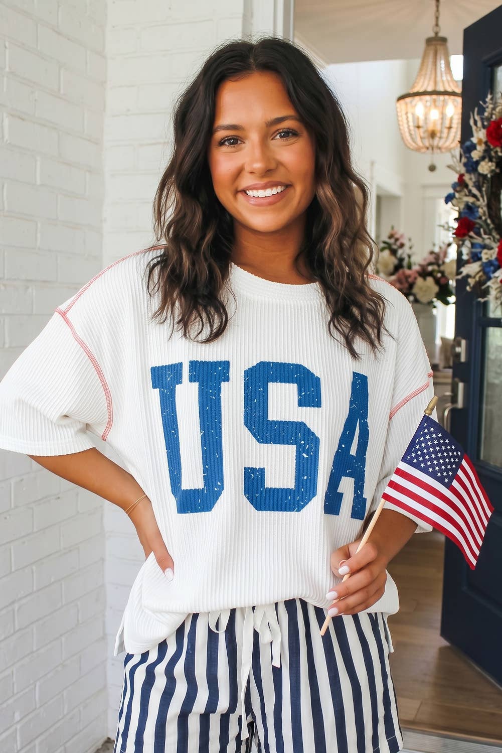 USA Graphic Half Sleeve Loose Ribbed Top (S-XL)