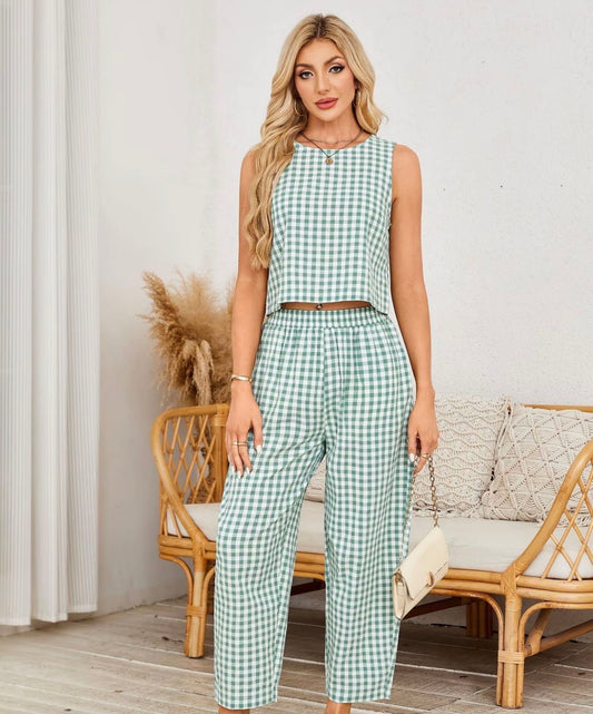 Light Green Plaid Pants Set