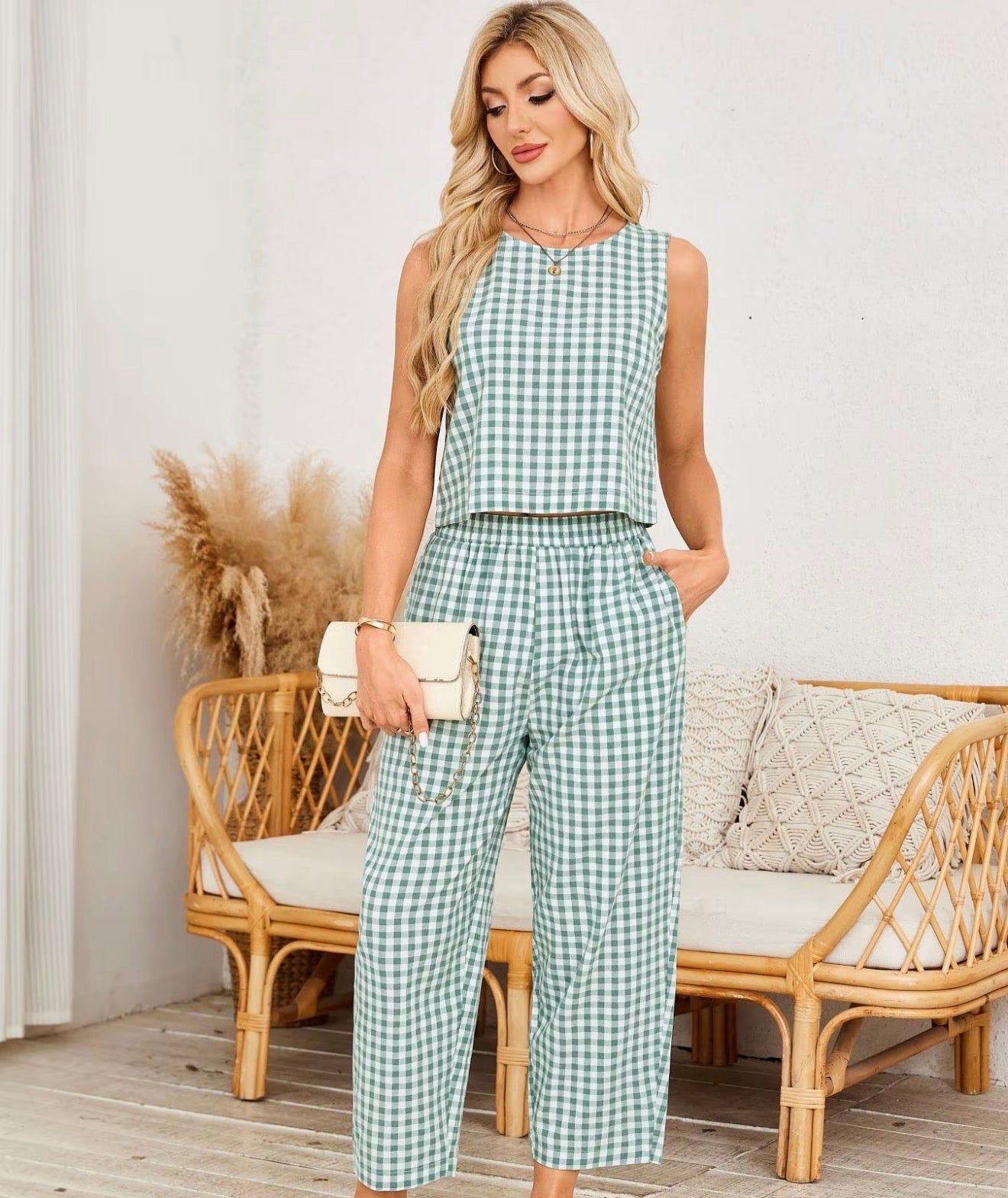 Light Green Plaid Pants Set