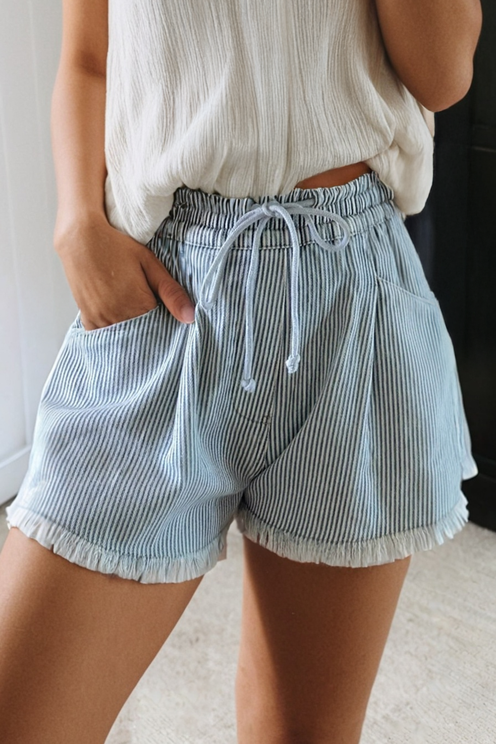 LAS Stripe Raw Edge Drawstring Denim Shorts (S-XL)