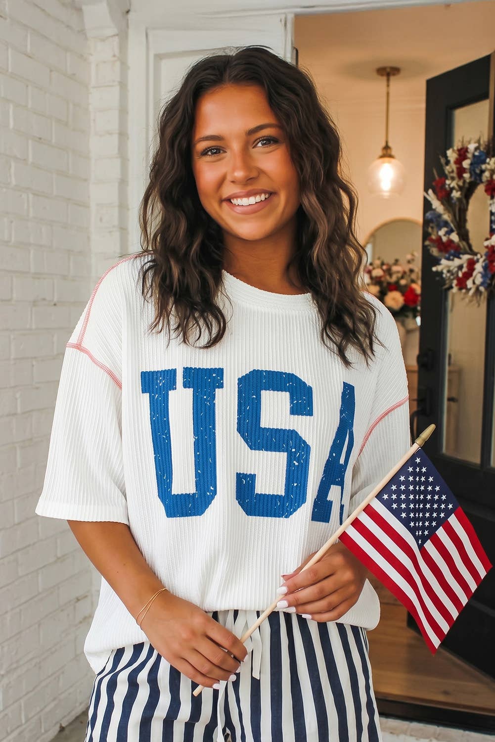USA Graphic Half Sleeve Loose Ribbed Top (S-XL)