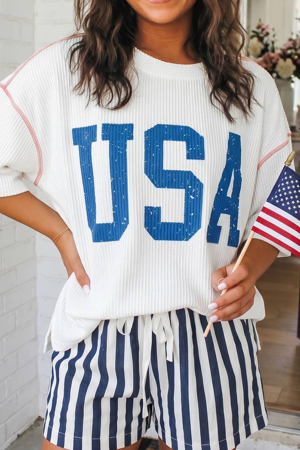 USA Graphic Half Sleeve Loose Ribbed Top (S-XL)