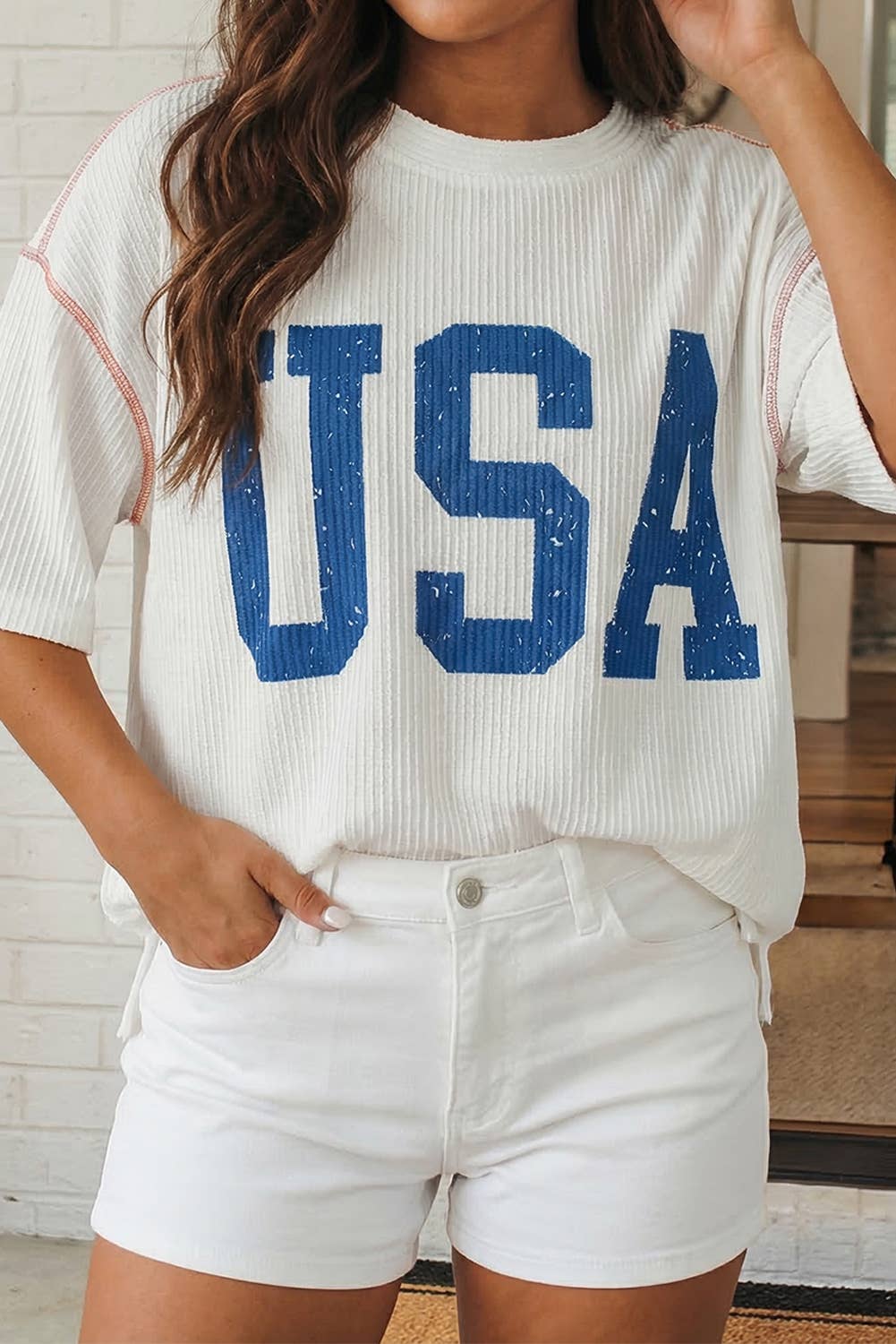 USA Graphic Half Sleeve Loose Ribbed Top (S-XL)