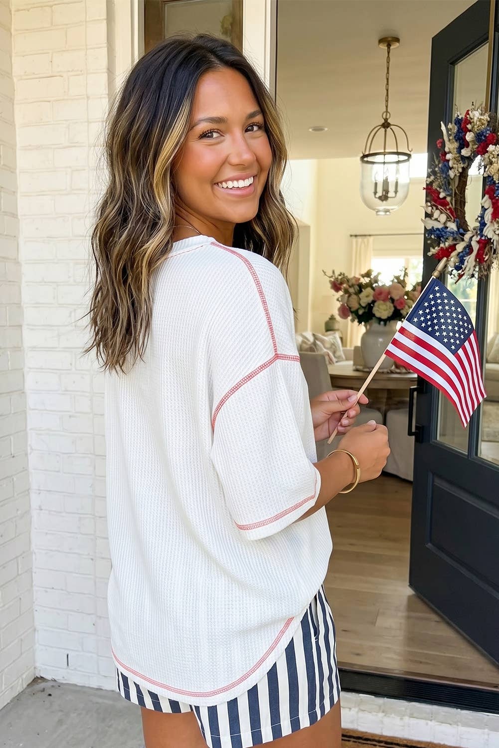 USA Graphic Half Sleeve Loose Ribbed Top (S-XL)